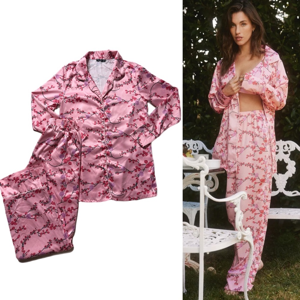 Nasty Gal Pink Satin Cherry Blossom Pajamas Set XS